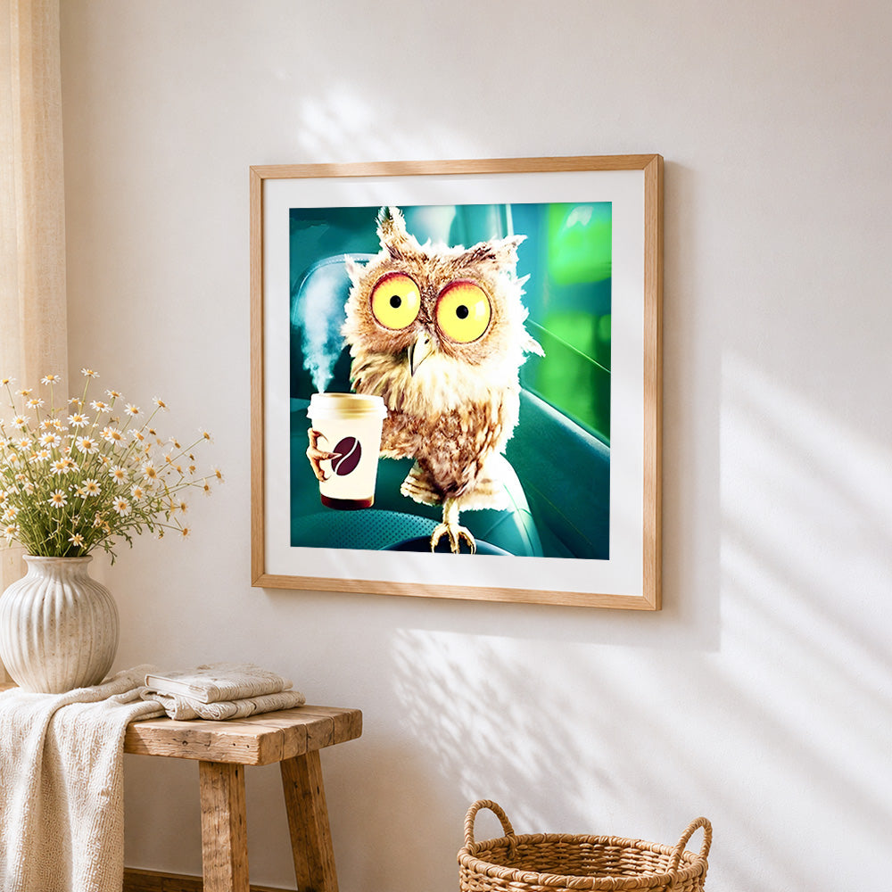 Funny owl with a coffee cup paint by numbers artwork displayed on wall as home decor