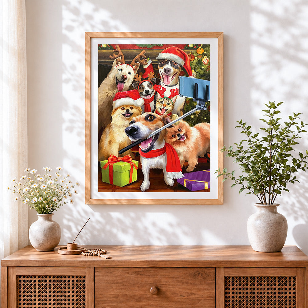 Finished funny pets taking a selfie with christmas antlers cross stitch artwork displayed