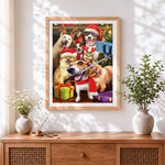 Finished funny pets taking a selfie with christmas antlers cross stitch artwork displayed