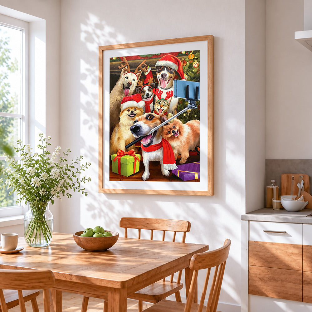 Funny pets taking a selfie with christmas antlers cross stitch artwork displayed on wall as home decor