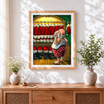 Finished funny santa choosing outfit in wardrobe cross stitch artwork displayed