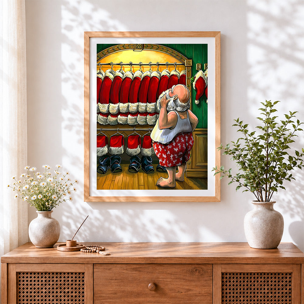 Finished funny santa choosing outfit in wardrobe cross stitch artwork displayed
