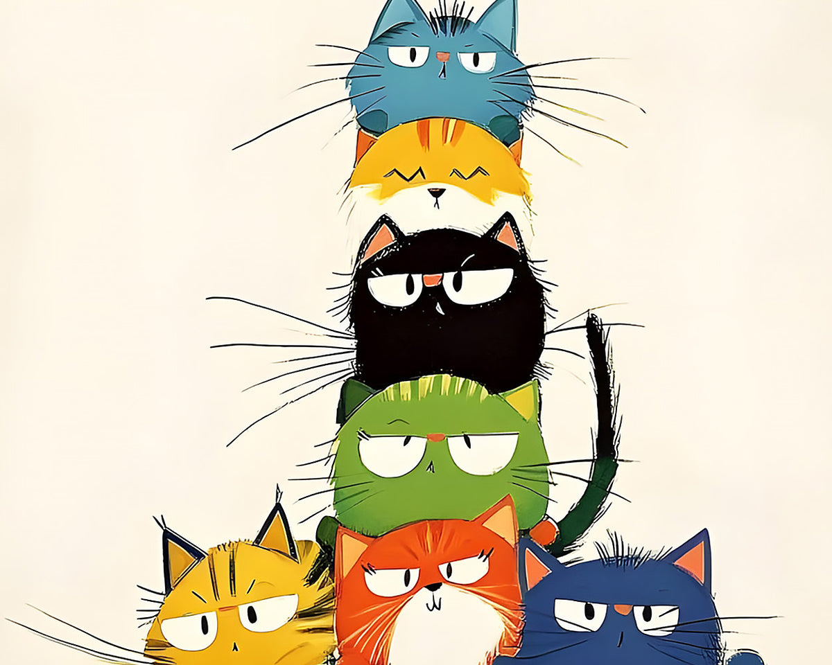 Funny stacked colourful cats cross stitch kit for beginners