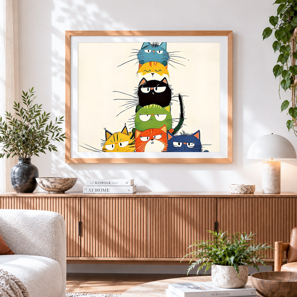 Finished funny stacked colourful cats paint by numbers artwork displayed as home decor