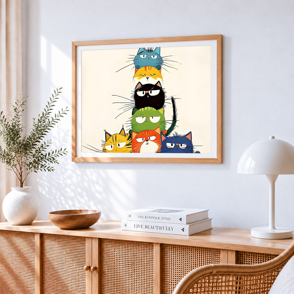 Funny stacked colourful cats paint by numbers artwork displayed on wall as home decor