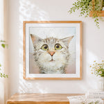 Finished funny surprised cat cross stitch artwork displayed