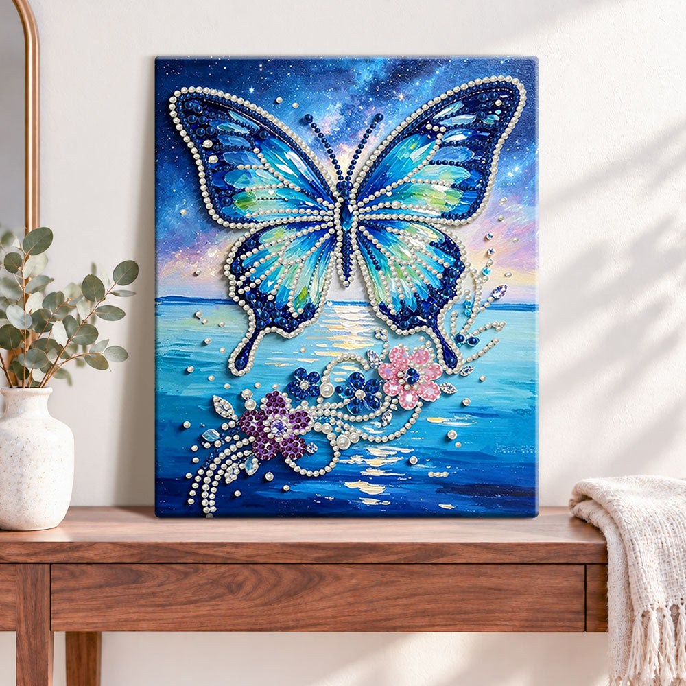 Finished galaxy butterfly over sea pearl diamond painting artwork displayed as home decor