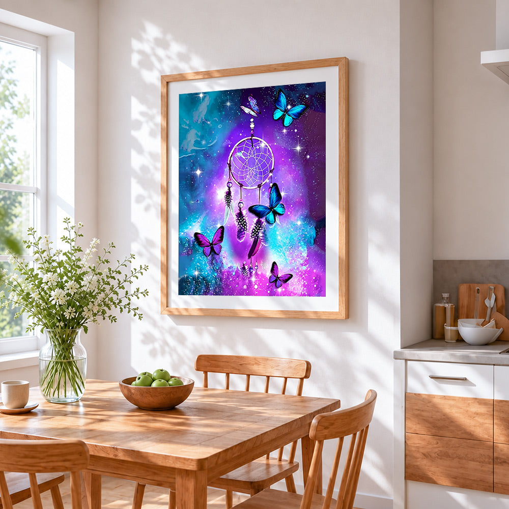 Galaxy dreamcatcher with butterflies cross stitch artwork displayed on wall as home decor