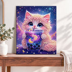 Finished galaxy kitten drink pearl diamond painting artwork displayed as home decor