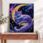 Finished galaxy moon cat pearl diamond painting artwork displayed as home decor