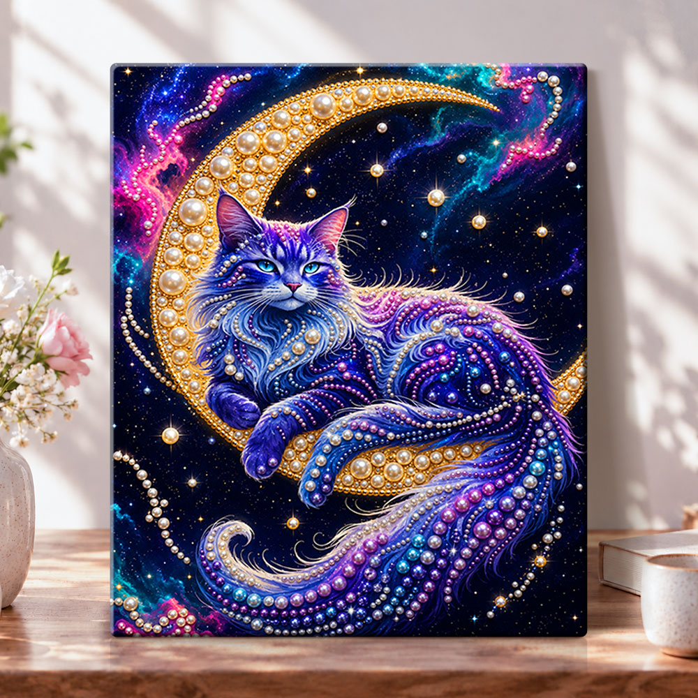 Galaxy moon cat pearl diamond painting kit for beginners