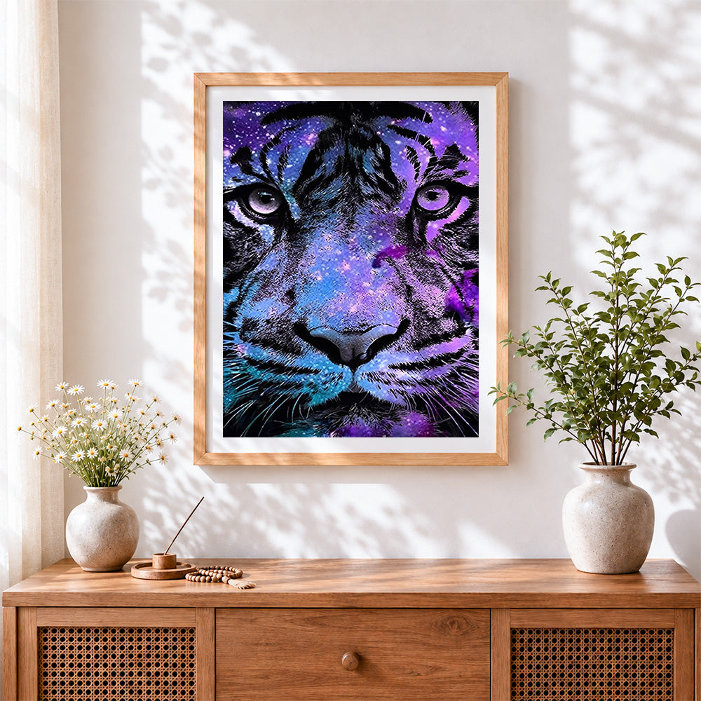 Finished galaxy purple tiger cross stitch artwork displayed