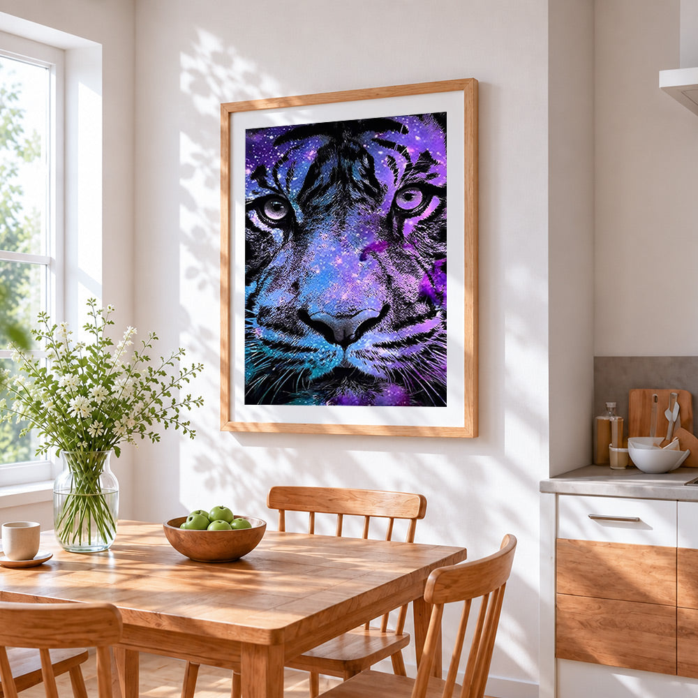 Galaxy purple tiger cross stitch artwork displayed on wall as home decor