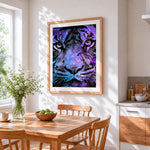 Galaxy purple tiger cross stitch artwork displayed on wall as home decor