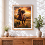 Finished galloping horse at sunset cross stitch artwork displayed