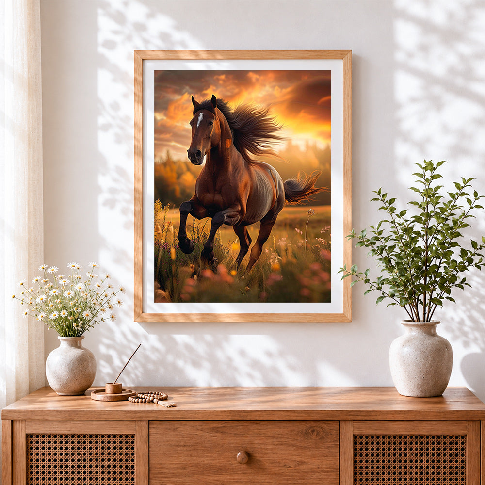 Finished galloping horse at sunset cross stitch artwork displayed