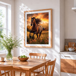 Galloping horse at sunset cross stitch artwork displayed on wall as home decor