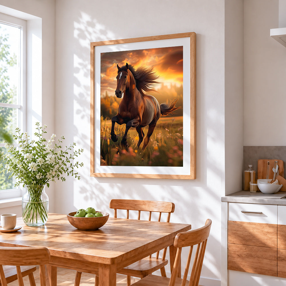 Galloping horse at sunset cross stitch artwork displayed on wall as home decor