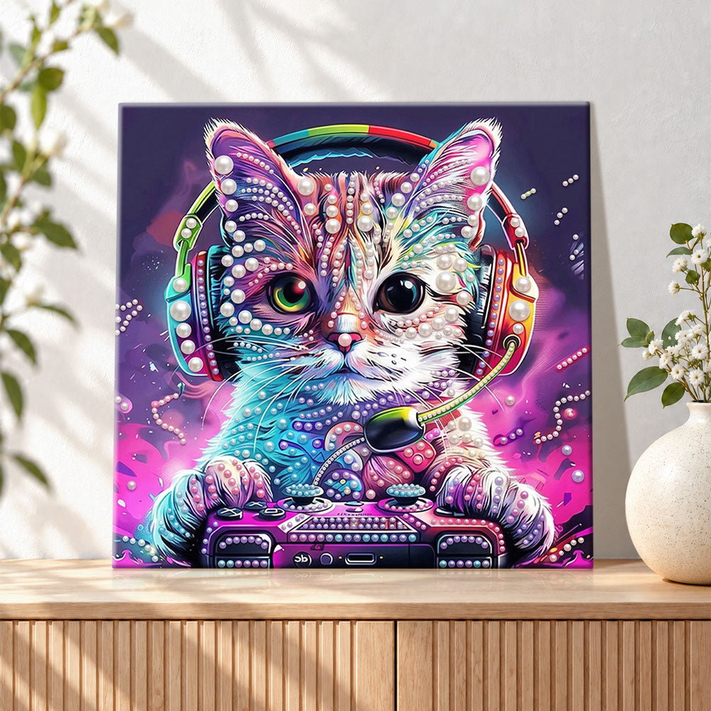 Finished gaming cat with headset pearl diamond painting artwork displayed as holiday home decor