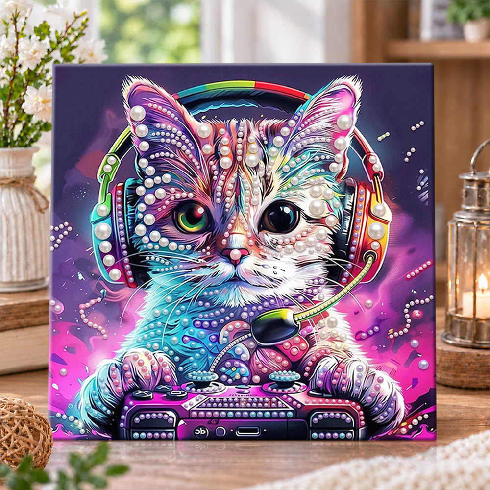 Gaming cat with headset pearl diamond painting kit for beginners