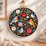 Garden birds and blossoms embroidery hoop wall art displayed as warm and cosy handmade home decor