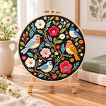 Garden birds and blossoms embroidery kit finished hoop displayed on a wooden stand as cosy tabletop decor