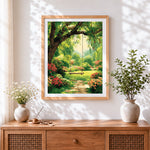 Finished garden swing under the tree cross stitch artwork displayed