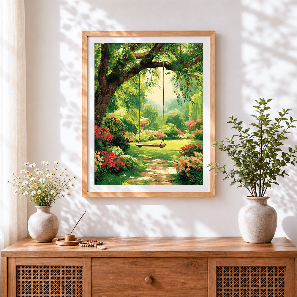 Finished garden swing under the tree cross stitch artwork displayed