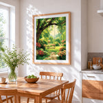 Garden swing under the tree cross stitch artwork displayed on wall as home decor