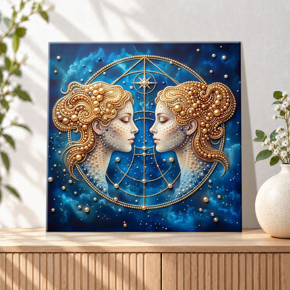Finished gemini cosmic twins pearl diamond painting artwork displayed as holiday home decor
