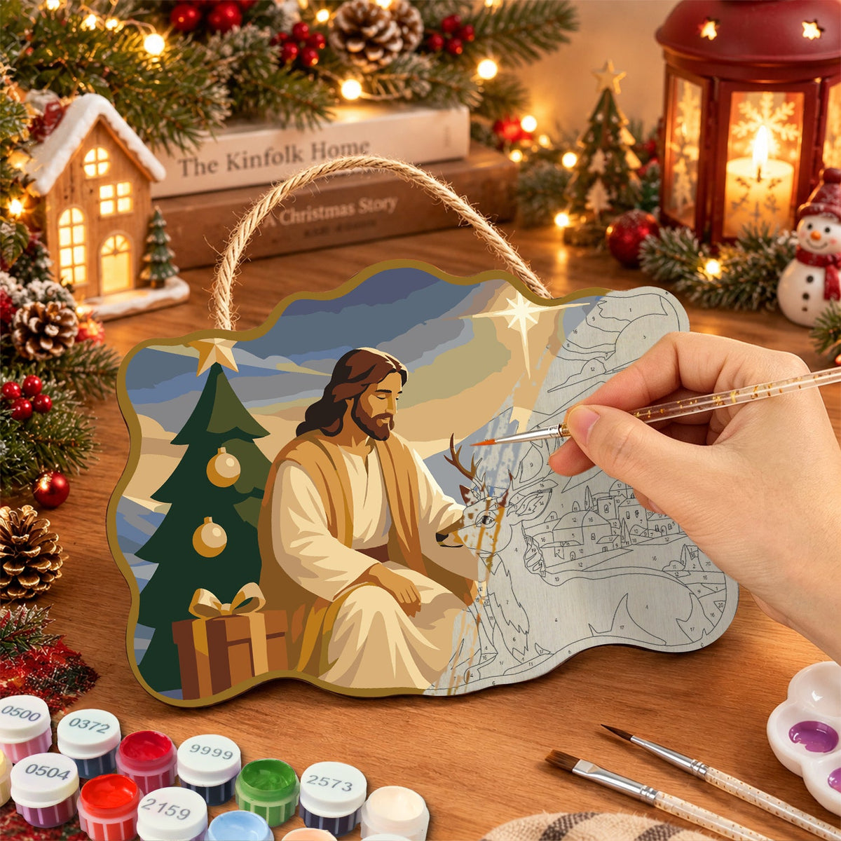 Gentle blessing with deer paint by numbers door hanger painting process
