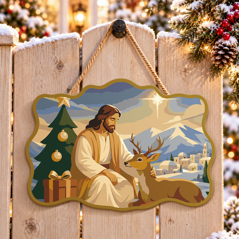 Gentle blessing with deer paint by numbers door hanger on a garden gate