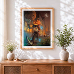 Finished gentleman pumpkin head with trick or treat bag cross stitch artwork displayed