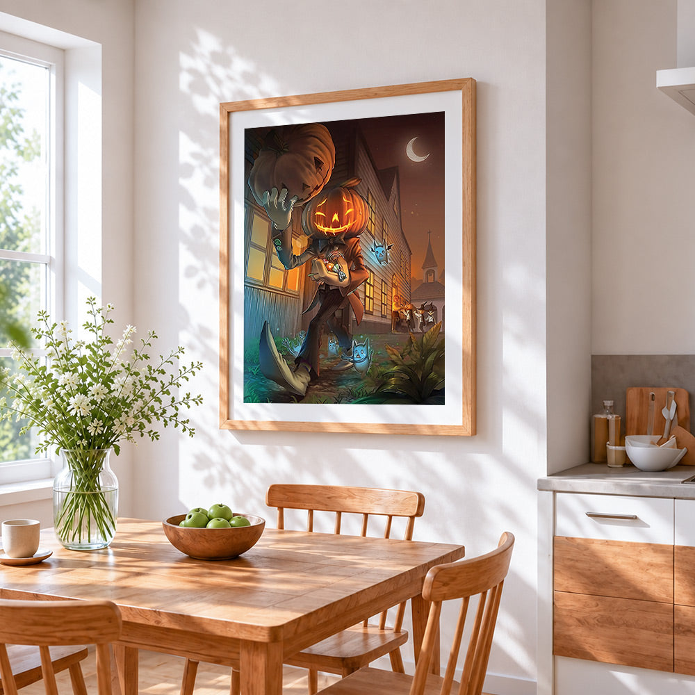 Gentleman pumpkin head with trick or treat bag cross stitch artwork displayed on wall as home decor