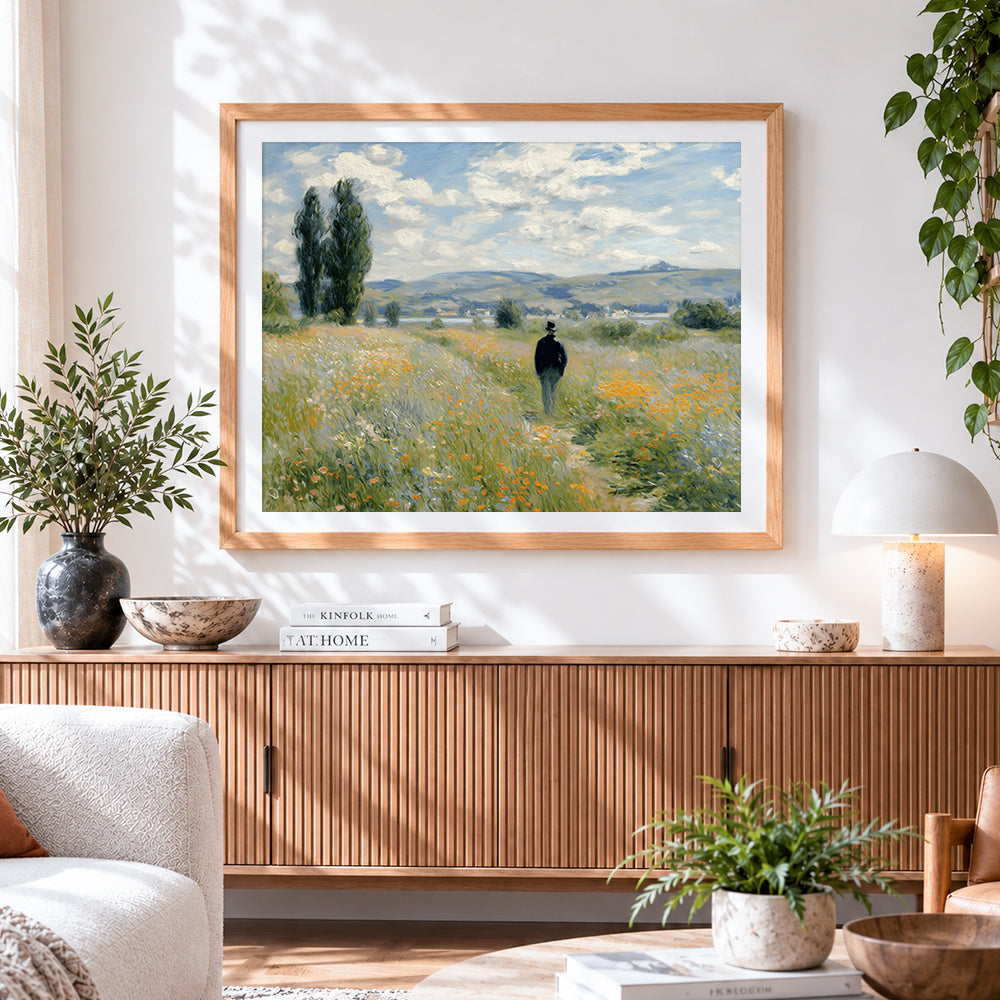 Finished gentleman walking in a wildflower meadow cross stitch artwork displayed