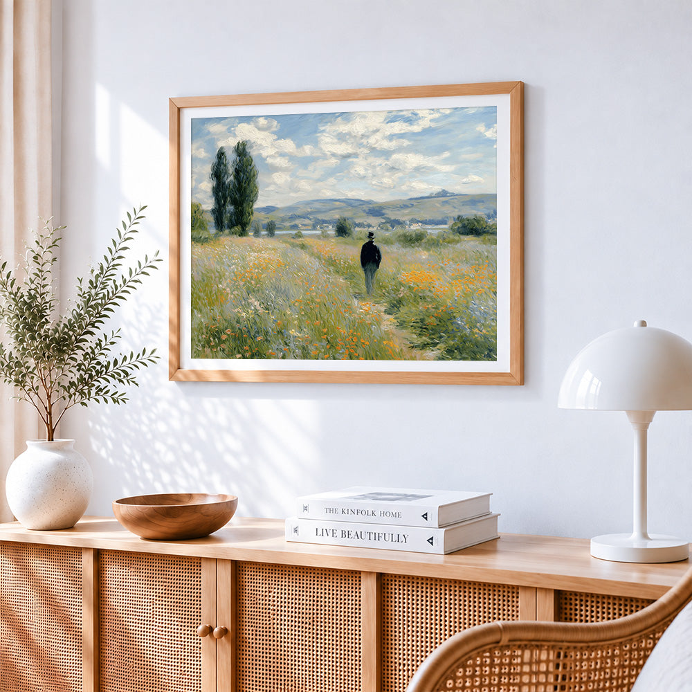 Gentleman walking in a wildflower meadow paint by numbers artwork displayed on wall as home decor