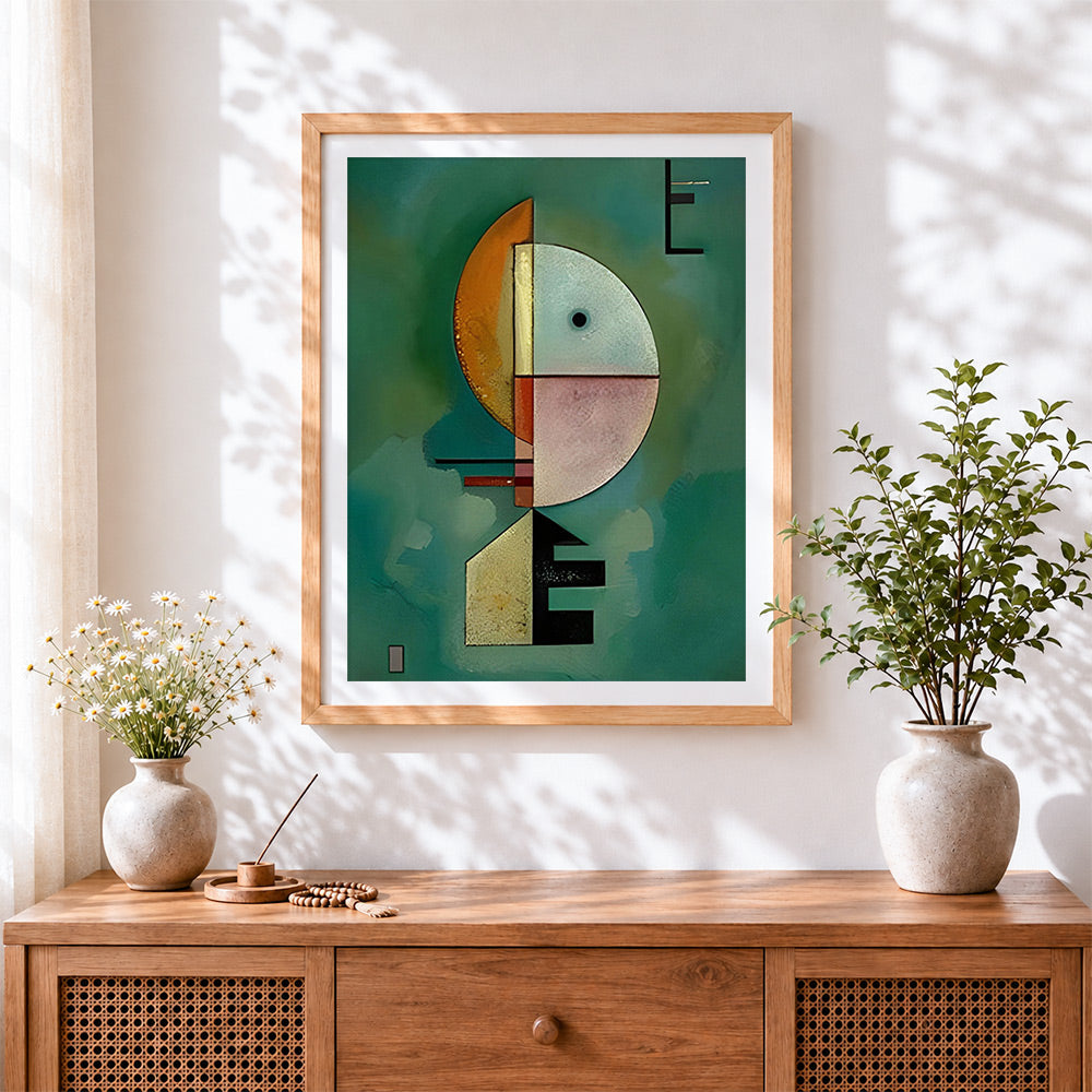 Finished geometric abstract art with letter e cross stitch artwork displayed