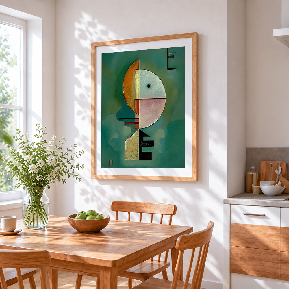 Geometric abstract art with letter e cross stitch artwork displayed on wall as home decor