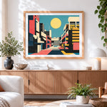 Finished geometric abstract cityscape cross stitch artwork displayed