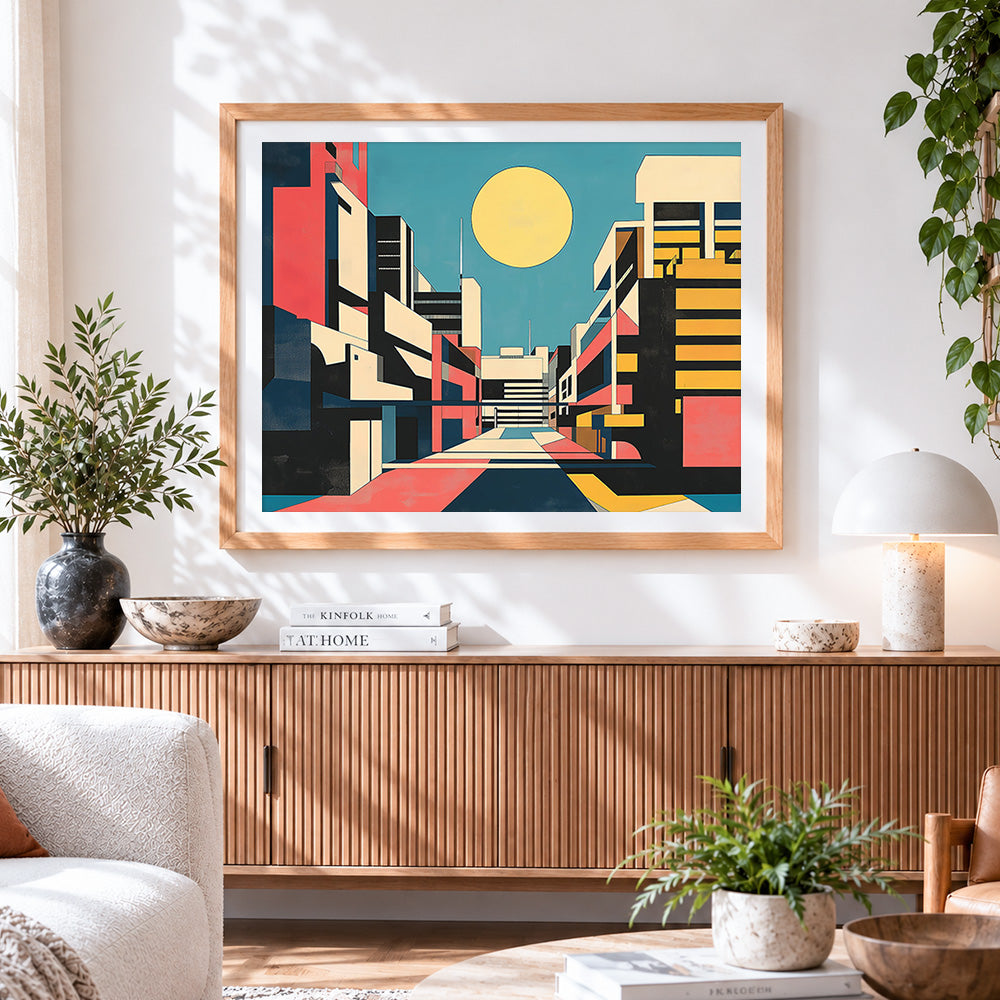 Finished geometric abstract cityscape cross stitch artwork displayed