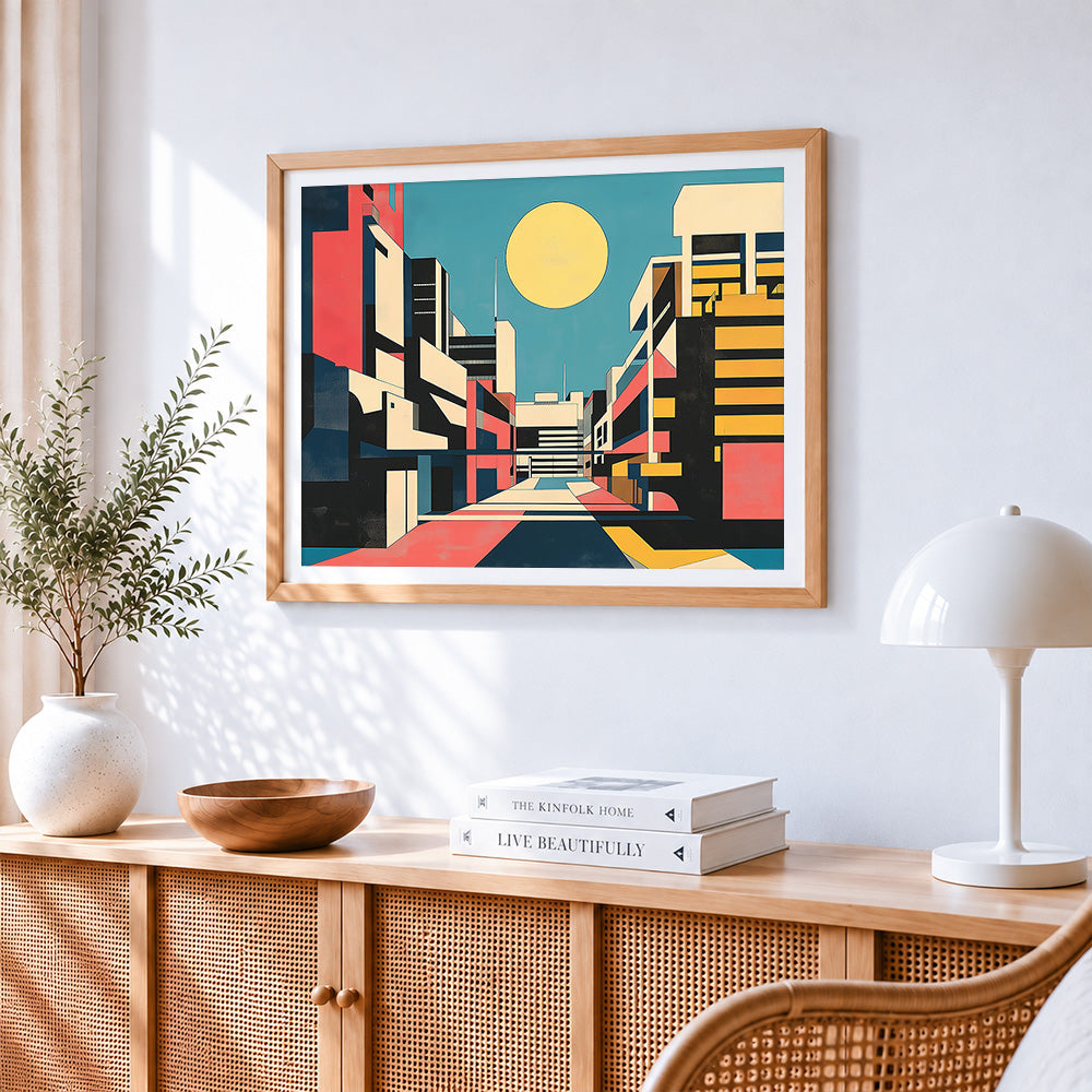 Geometric abstract cityscape cross stitch artwork displayed on wall as home decor