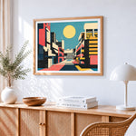 Geometric abstract cityscape cross stitch artwork displayed on wall as home decor