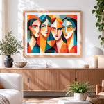Finished geometric abstract four faces cross stitch artwork displayed