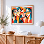 Geometric abstract four faces cross stitch artwork displayed on wall as home decor
