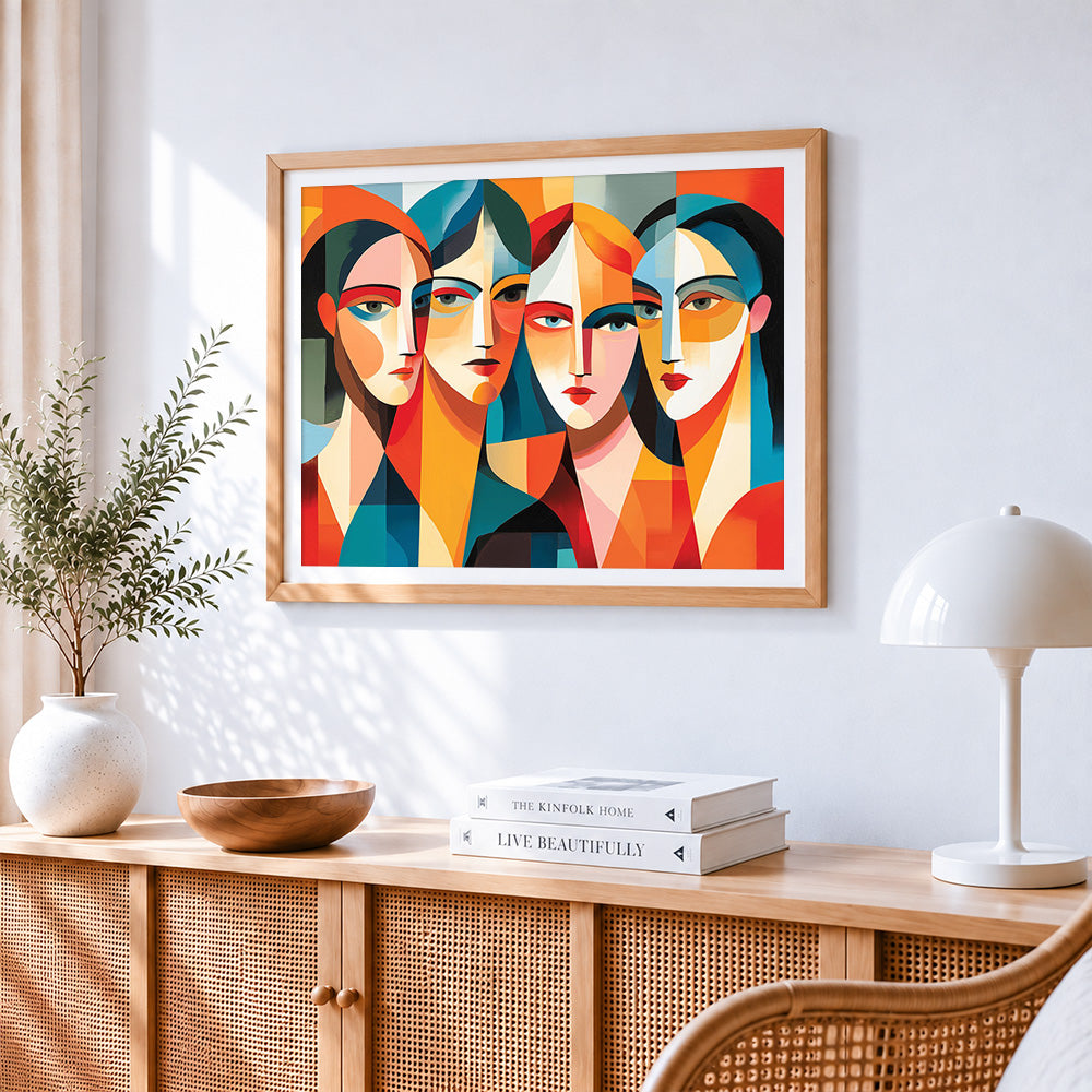 Geometric abstract four faces cross stitch artwork displayed on wall as home decor