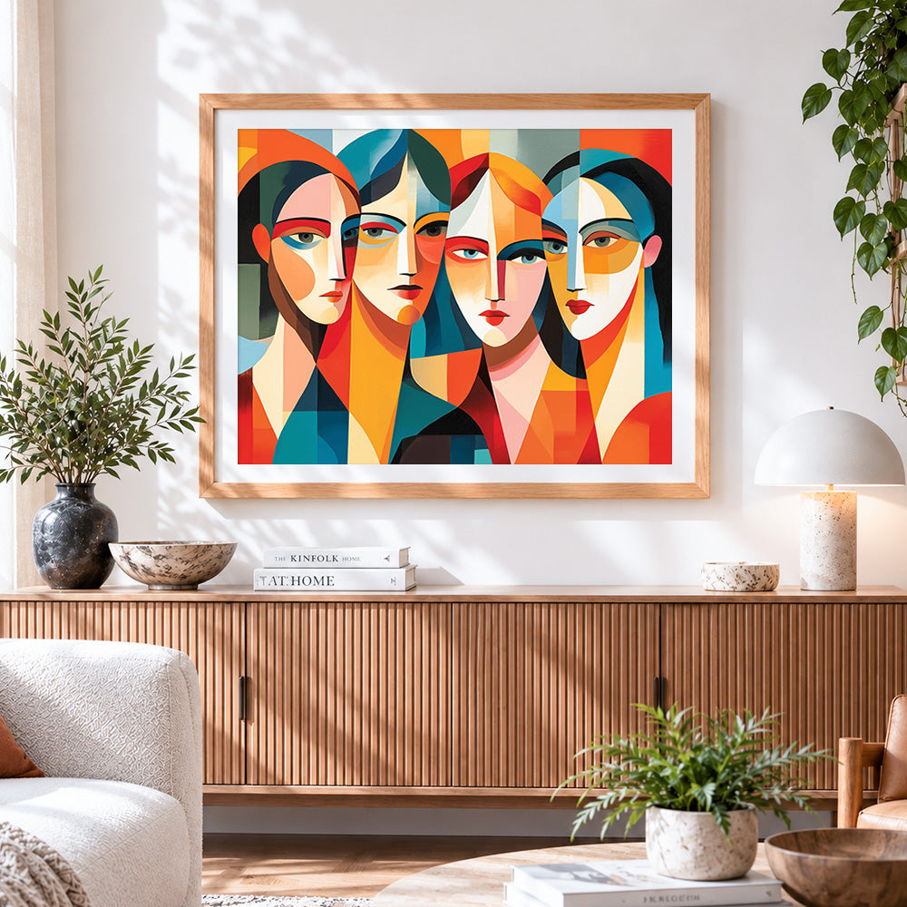 Finished geometric abstract four faces paint by numbers artwork displayed as home decor