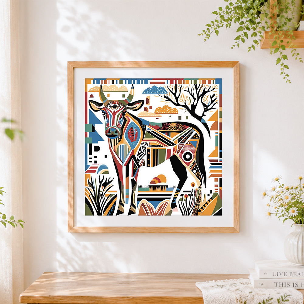 Finished geometric abstract highland cow cross stitch artwork displayed