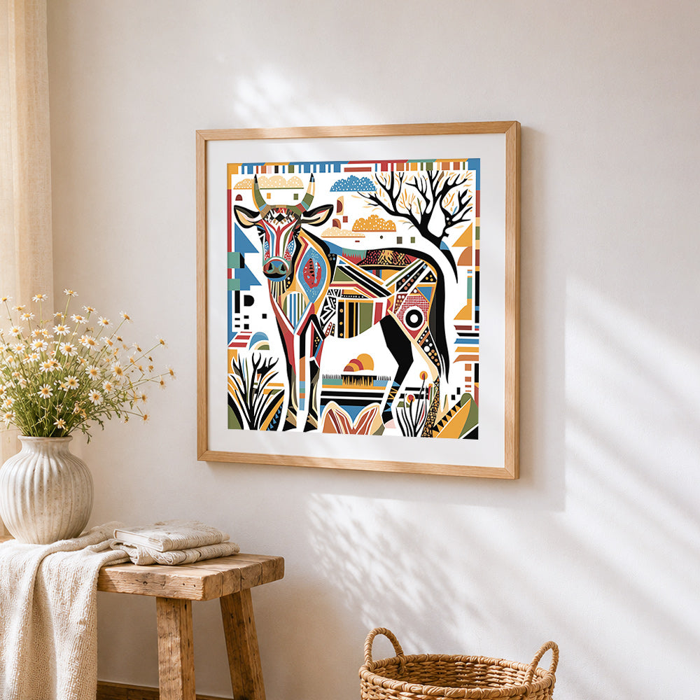 Geometric abstract highland cow cross stitch artwork displayed on wall as home decor