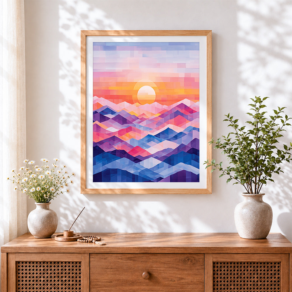 Finished geometric abstract mountains and sunrise cross stitch artwork displayed