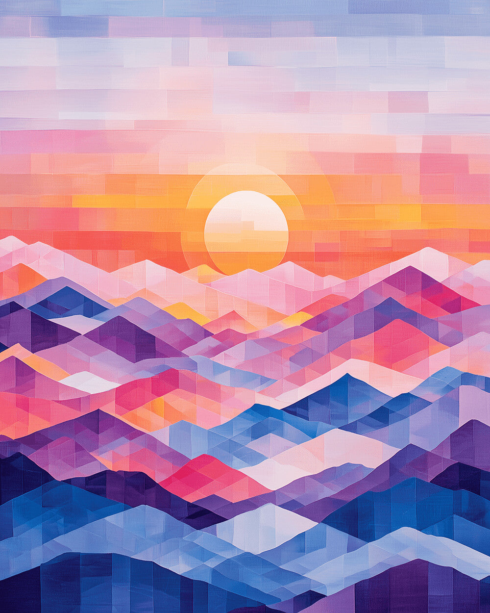 Geometric abstract mountains and sunrise cross stitch kit for beginners